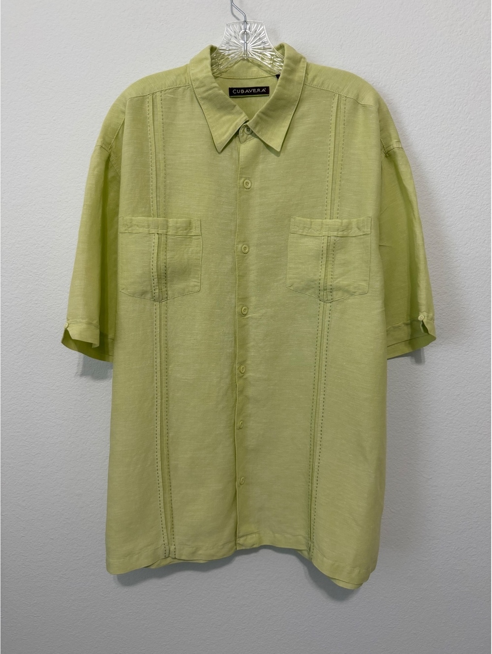 CUBAVERA Linen Blend Short Sleeve Button Up Pintuck Green Shirt Men's Size XXL